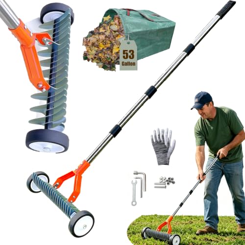Thatch Rake for Lawns with Wheels, 15 inch Dethatching Rakes for Lawns Heavy Duty with 67" Adjustable Stainless Steel Handle for Dead Grass, Lawn Care, Garden, Yard - color: Orange