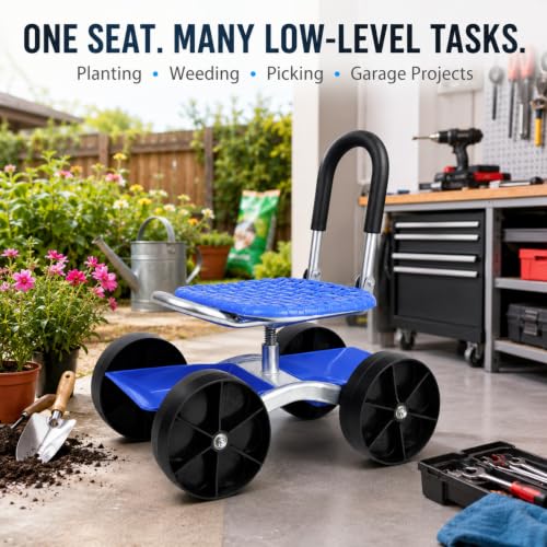 Rolling Garden Seat with Wheels, 360° Swivel Adjustable Gardening Stool - color: Blue