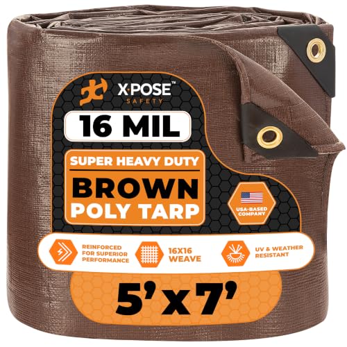 5' x 7' Super Heavy Duty 16 Mil Brown Poly Tarp Cover - Thick Waterproof, UV Resistant, Rip and Tear Proof Tarpaulin with Grommets and Reinforced Edges - by Xpose Safety - color: Brown, size: 5' X 7'