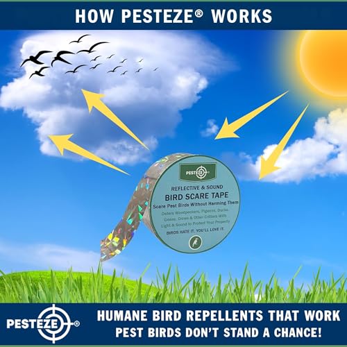PESTEZE USA Bird Deterrent Reflective Tape–Dual-Sided Holographic Scare Ribbon (2in x 360ft) to Repel Nuisance Birds and Protect Gardens, Patios, Yards & Buildings from Pigeons, Woodpeckers, & Geese