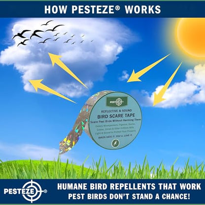 PESTEZE USA Bird Deterrent Reflective Tape–Dual-Sided Holographic Scare Ribbon (2in x 360ft) to Repel Nuisance Birds and Protect Gardens, Patios, Yards & Buildings from Pigeons, Woodpeckers, & Geese