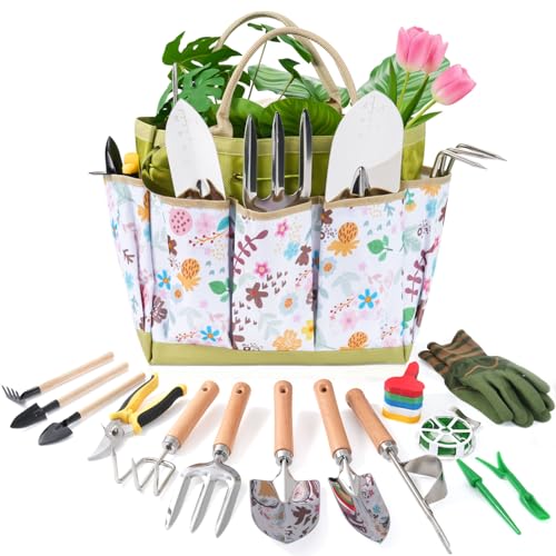 15-Piece Garden Tool Set for Women, Heavy Duty Gardening Kit with Floral Garden Bag, Steel Garden Hand Tools, Plant Labels, Gloves, Gardening Gift Basket for Men Gardeners Plant Lovers, Green