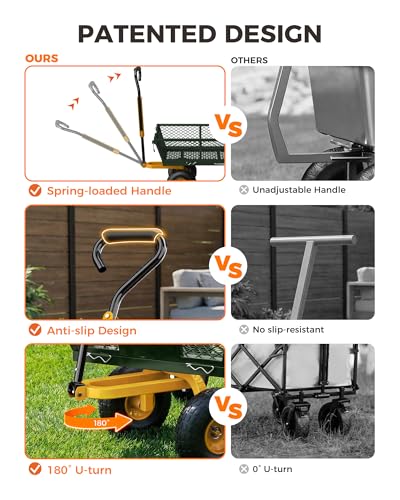900 Lbs Heavy Duty Steel Garden Cart, Outdoor Metal Garden Wagon On Wheels, Utility Yard Cart with Mesh Removable Sides(Convert to Flatbed) and Removable Handle to Wheel Barrow, Green - color: Light Green