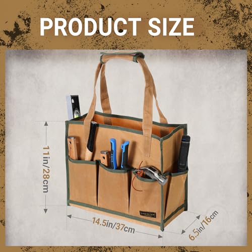 Heavy-Duty 16oz Waxed Canvas Tool Tote Bag - Water-Resistant Wide Mouth Organizer with Reinforced Handle | Large Capacity Tool Storage for Wrenches (16.5" x 12.5" x 6.5", Khaki) - color: Khaki
