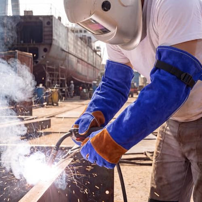 Long Leather Welding Gloves Animal Handling Scratch Bite Proof - color: Blue