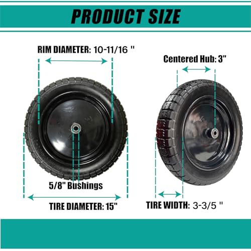 15" Flat-Free Wheelbarrow Tire and Wheel - 4.80/4.00-8 Solid PU Tire, Puncture Proof Replacement Tires, Fits 5/8" Bushing & Axle Bore for Utility/Garden Carts (2-Pack, Black) - size: 15"/4.00-8
