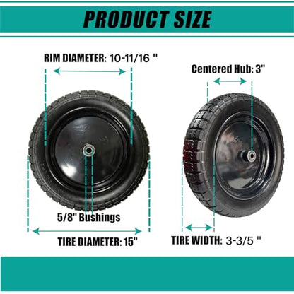 15" Flat-Free Wheelbarrow Tire and Wheel - 4.80/4.00-8 Solid PU Tire, Puncture Proof Replacement Tires, Fits 5/8" Bushing & Axle Bore for Utility/Garden Carts (2-Pack, Black) - size: 15"/4.00-8