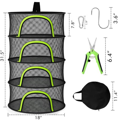 Herb Drying Rack Hanging Mesh 4 Layer 18" with Zipper, Garden Pruning Shear, Hook & Carabiner Clip for Drying Herbs, Plants, Seeds, Buds | Hydroponics & Grow Tents Herb Dryer Hanging Rack - style: 4 Layer 18"