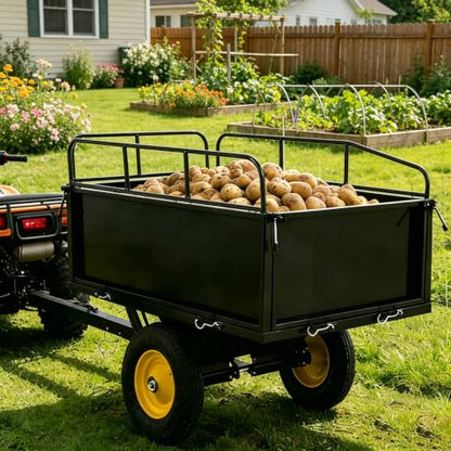 Heavy-Duty Steel Garden Dump Cart, 17 Cu. Ft. Utility Trailer,750 lb Capacity, Removable Sides, Quick-Release Foot Pedal, Universal Hitch, 16" All-Terrain Tires, Compatible with Lawn Mower, ATV