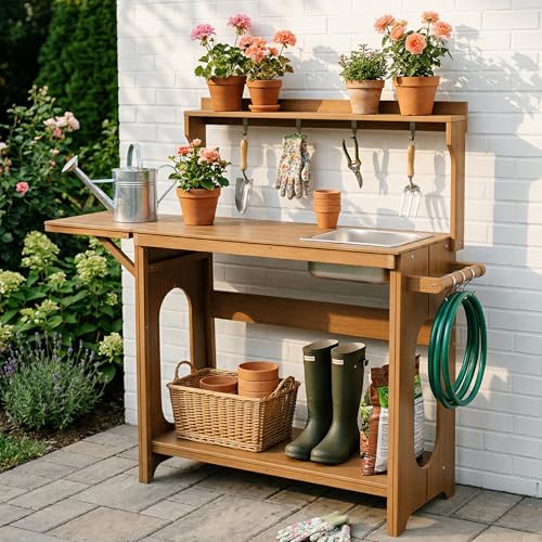 Outdoor Potting Bench Table with Removable Sink, All Weather, Teak - color: Teak