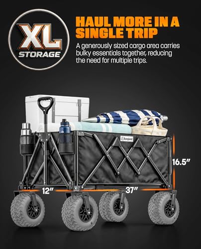 Beach Wagon with Heavy-Duty 10" Air Tires - All Terrain Folding Cart with Big Wheels for Sand and Gravel - 300 LB. Capacity (Black) - color: Black