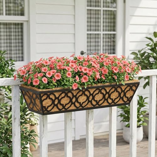 Y&M Window Boxes Horse Trough with Coconut Coir Liner, 24 Inch Window Deck with Coco Liner, Fence Metal Hanging Flower Planter Window Basket Deck Railing Planter Boxes (Flower 24in 2P) - size: Flower 24in 2P