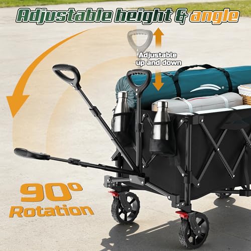 Wagons Carts Foldable,Collapsible Wagon with Wheels,450LBS Heavy Duty Beach Wagon Cart,Lightweight Portable Folding Utility Wagon Cart with Cup Holders for Camping, Garden, Sports, Grocery pcs - color: Black-200l