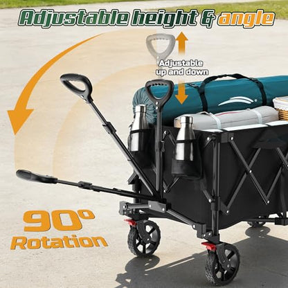 Wagons Carts Foldable,Collapsible Wagon with Wheels,450LBS Heavy Duty Beach Wagon Cart,Lightweight Portable Folding Utility Wagon Cart with Cup Holders for Camping, Garden, Sports, Grocery pcs - color: Black-200l