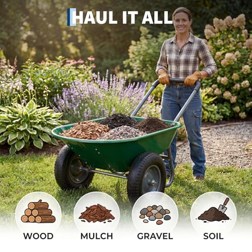 Garvee Wheelbarrow Garden Cart, Heavy Duty Home Utility, Dual-Wheel Home Garden Yard Utility Wheelbarrow Cart with Built-in Stand,(Green) - color: Green+black