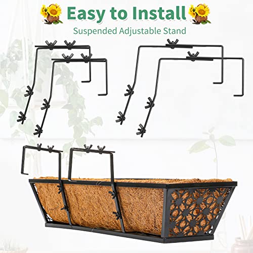 Geetery 4 Pcs 30 Inch Deck Railing Planter Boxes with Adjustable Brackets Coco Liner, Window Hanging Flower Baskets Trough Black Metal for Summer Porch Fence Patio Balcony Garden Outdoor Indoor