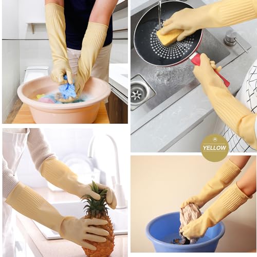 Bamllum 3 Pairs of Rubber Dishwashing Gloves for Kitchen and Household Cleaning – Long Cuff 15", Reusable, Flexible Long-lasting and Non-Slip (Red+Yellow+Green, Large) - size: L(Best for Medium Hands)