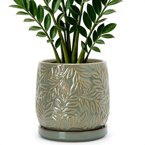 D'vine Dev Embossed Leaves Ceramic Planter, 6 in, Olive, 27-A-X-0 - color: Olive, size: 6 Inch