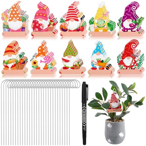 30 Pack Gnome Plant Markers with Marker Pen Wooden Plant Labels with Funny Gnome Designs for Vegetable Flowers Garden Potted Plants Tags