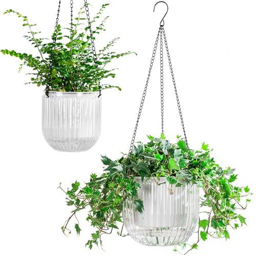 Melphoe 2 Pack Self Watering Hanging Planters Indoor Flower Pots, 5.3/8.3 Inch Outdoor Hanging Basket, Plant Hanger with 3Hooks Drainage Holes for Garden Home (White) - color: White, size: 8.3''+5.3''