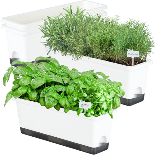 Window Box Planter 4 Packs, 17 Inches Rectangle Flower Pots with Drainage Holes & Trays, Pots for Vegetables, Herbs, Flowers, Garden Windowsill Balcony (White, 17 * 5.1 * 6 inch) - color: White