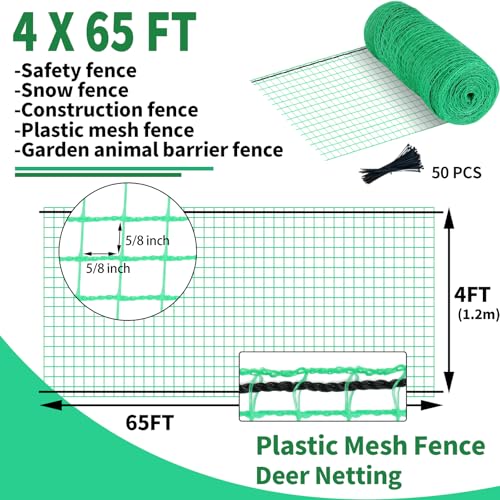 4x65ft Deer Fence Netting, Temporary Fence for Garden, Plastic Mesh Fence - size: 4 FT X 65 FT