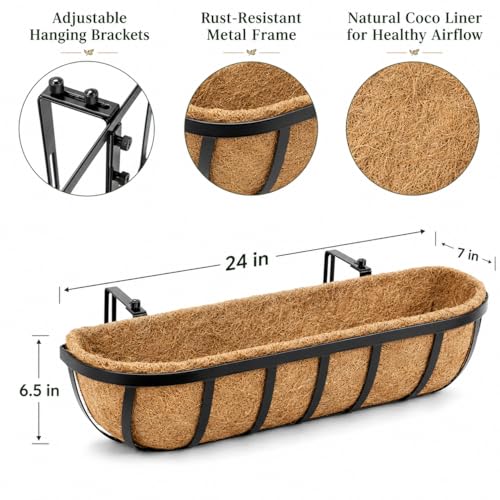 Y&M Railing Planter Boxes 24 Inch 2 Pack, 2-in-1 Adjustable Hanging Balcony Planters with Coco Liners, Heavy Duty Window Box Planters with Support Rods for Outdoor Garden - size: 24in 4P