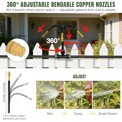 10PCS Push-to-Fit Drip Irrigation Mister Emitters for 1/4" Irrigation Tubing, Copper 360° Adjustable Bendable Atomizing Nozzles with T-Connectors,Micro Spray Nozzles for Garden Greenhouse Agricultural - size: 10PCS 360° Bendable Misting Copper Nozzles