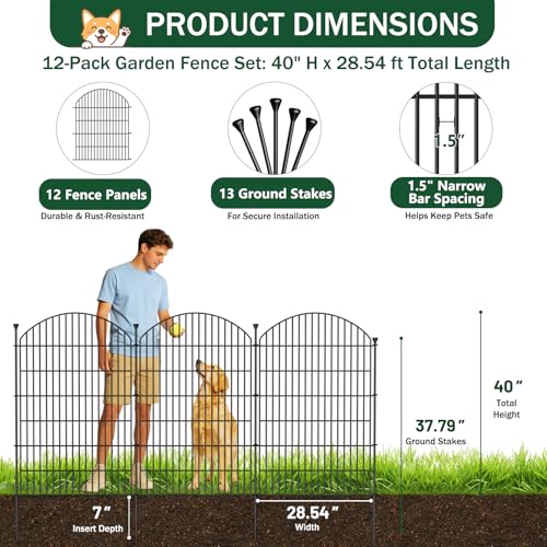 No Dig Garden Fence Panels, Dog Fence Outdoor for Yard, 12 Pack - size: 40in(H) x 29ft(L)