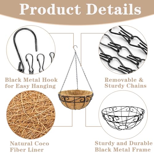 EIMQUVW Outdoor Metal Hanging Planters Basket (4pack, 12 inch) Hanging Baskets for Plants Chain Round Wire Plant Holder with Coco Fiber Liners for Garden, Patio, Deck, Porch(Flower Border) - size: 12 Inch