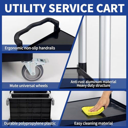 UNICOO® Heavy Duty 3-Tier Rolling Cart, Service Utility Cart on Wheels, 550lbs Capacity, Lockable & Silent Wheels, Anti-Rust, Easy Clean for Restaurant, Office, Dorm, Garage, Kitchen Storage - color: Black