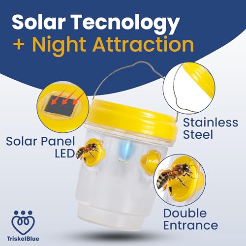 Solar Wasp Traps Outdoor Hanging 3 Pack Reusable Catcher with LED Light for Yellow Jackets Hornets Bees Flies Patio Porch Garden Backyard