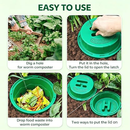 4-Pack Inground Worm Composter, 8L Underground Worm Farm with Aeration & Animal-Proof Lid, Food Waste Recycler for Garden Beds, Easy for Beginners, Green