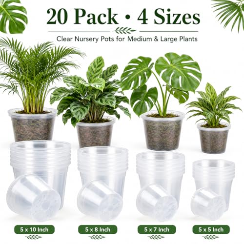 20 Pack 10/8/7/5 Inch Large Clear Nursery Pots with Drainage Hole, Plastic Pots for Planter, Clear Potting Pots for Succulents, Flower, Herbs, Indoor Outdoor Gardening ﻿ - size: 5+7+8+10 inch