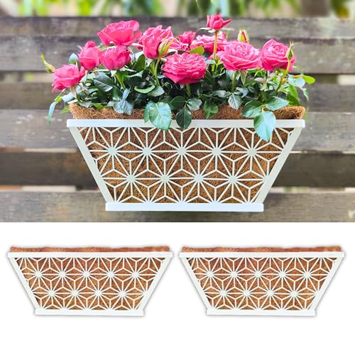 LaLaGreen Window Boxes Planter (2 Pack, 12 Inch) White Metal Rectangular Wall Planters with Coco Liner, Horse Trough Deck Railing for Outdoor Plants Holder, Modern Rail, Balcony, Fence, Porch Patio - size: 12" (30cm) x 2 pack