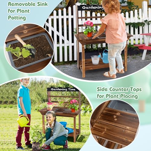 GLACER Potting Bench for Kids, Outdoor Wood Kids Garden Table with Removable Sink, Open Shelves, 4 Pots, Toy Gardening Center Playset, Kids Potting Table Mud Kitchen, Gift for Boys Girls Aged 3+