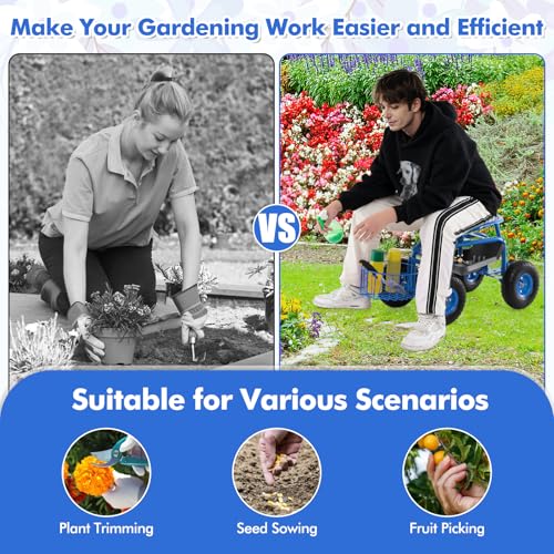 IRONMAX Garden Cart with Seat, Gardening Rolling Stool Scooter with 10’’ All-Terrain Wheels, Adjustable Steering Handle & Tool Tray and Basket for Outdoor Planting (Blue) - color: Blue