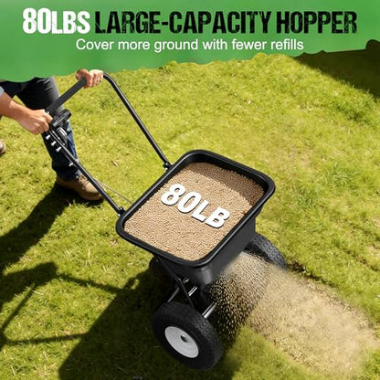 PPOLB Broadcast Spreader for Lawns, 80LB Fertilizer Spreader with 25-Level Flow Control, Walk Behind Lawn Seed & Salt Spreader, 0–10FT Coverage, Hopper Screen, Rain Cover, 12" Pneumatic Wheels - size: 80LBS