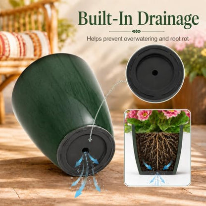 Neoaider Set of 3 Tall Planter, 24/21/12in Large Plastic Planter, DarkGreen - color: Dark Green