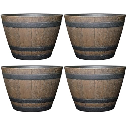 Classic Home and Garden Whiskey Plastic Resin Flower Pot Barrel Planter, Walnut Brown, 20.5" (Pack of 4) - color: Kentucky Walnut Brown, size: 20.5", style: Rustic