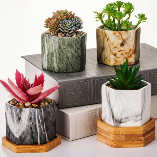 Ziliny Marbling Ceramic Flower Pot Succulent Small Plant Cactus Herbs Planter Ceramic Pot with Drainage Hole Matte Container(4 Pcs,Hexagon Style) - style: Hexagon Style