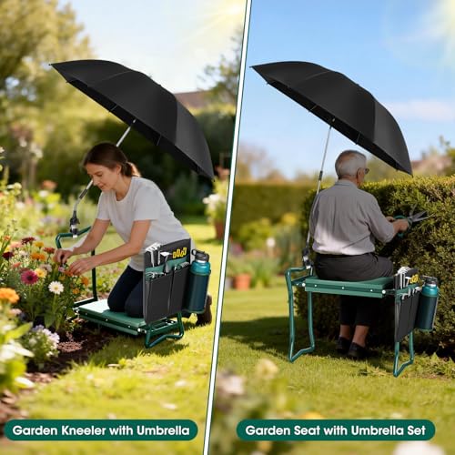 OAOA innovation 2-in-1 Garden Kneeler with Umbrella, Kneeling Bench & Black Umbrella, Portable Stool 330lb Capacity, Garden Tools Bag with Bottle Holder, Gardening Gift for Men Women Seniors - color: Black