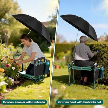 OAOA innovation 2-in-1 Garden Kneeler with Umbrella, Kneeling Bench & Black Umbrella, Portable Stool 330lb Capacity, Garden Tools Bag with Bottle Holder, Gardening Gift for Men Women Seniors - color: Black