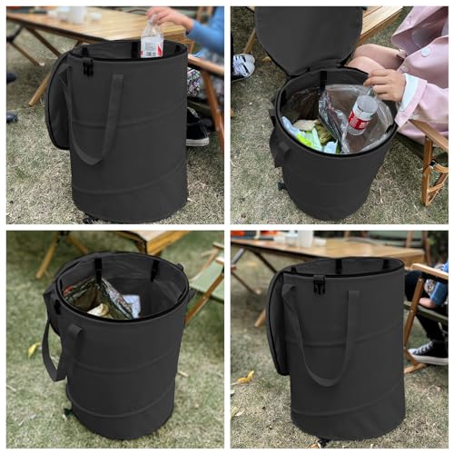 Pop up Camping Trash can with lid,Collapsible 24 Gallons Trash can with Sorting Clips,Garden Garbage Bag with Lid,Lawn and Leaf Bags - Reusable Yard Waste Bags (Black) - color: Black