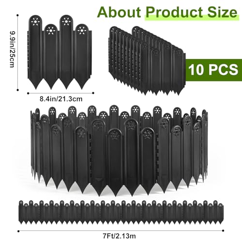 EEOCWF 10 Pcs Black Garden Edging Borders, 9.84 Inch Tall Landscaping Edging, Total 7Ft Interlocking Decorative Garden Fences, No Dig Plastic Lawn Edges Flower Beds Barriers, for DIY Patio Pathway - color: Black-Height 9.84"