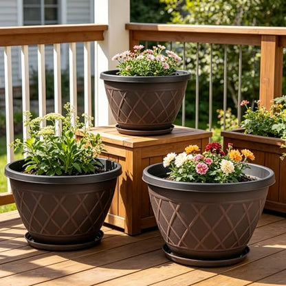 4 Pack 16 Inch Large Plastic Plant Pots with Drainage Holes & Saucers - color: Plaid Pattern-brown, size: 16 Inch - 4Pack