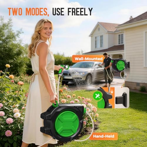 Retractable Garden Hose Reel 1/2" x 100ft, Wall Mounted Water Hose Reel with Auto Rewind, Any Length Lock, 180° Swivel Bracket & 9-Pattern Spray Nozzle, Heavy Duty Outdoor Hose Storage for Garden - color: Green
