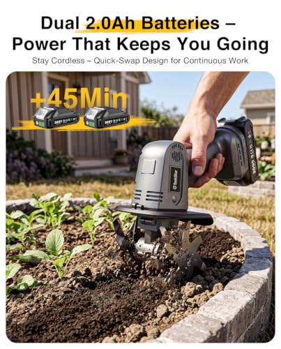 Mini Cordless Tiller Cultivator, 20V Electric Rototiller for Gardening, Lightweight 2.6 lbs Handheld Garden Tiller with 2×2.0Ah Battery, 4" Width×4" Depth, for Raised Beds, Lawn, Flower Beds & Weeding - size: 4inch x 4inch