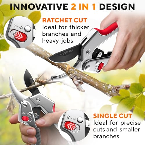 Gerossi Ratchet Pruning Shears Heavy Duty, Hand Pruners for Gardening - color: Silver-red