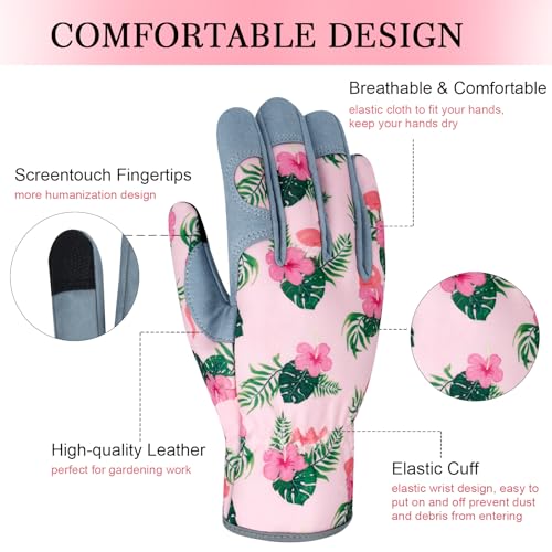 Leather Gardening Gloves for Women Thorn Proof Garden Gloves Touch Screen Working Gloves Gifts,M - color: Flamingo